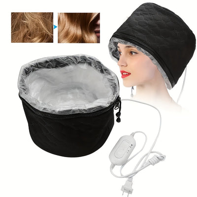 Black electric heating hair treatment cap with a quilted pattern and a white power cord with an inline switch. - Image 2
