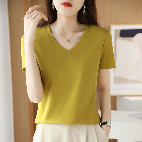 Blusa de Algodón Mercerizado Manga Corta Ajustada para Mujer