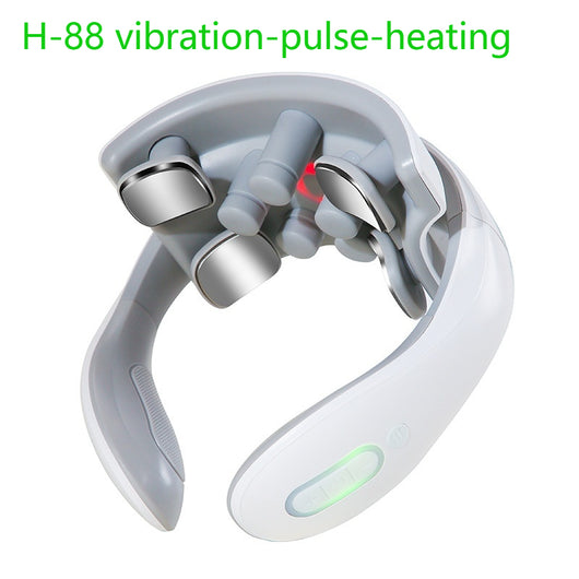 White and gray U-shaped neck massager with six silver electrode pads and control buttons on one arm. - Image 2