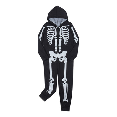 Black hooded one-piece skeleton pajamas with white bone print and front zipper, perfect for Halloween. - Image 10