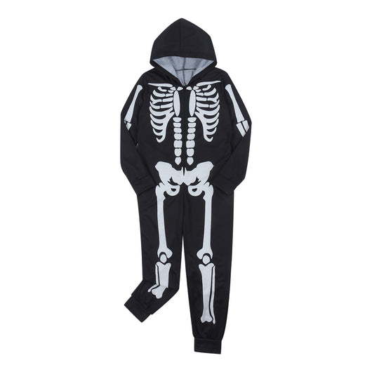 Black hooded one-piece skeleton pajamas with white bone print and front zipper, perfect for Halloween. - Image 10