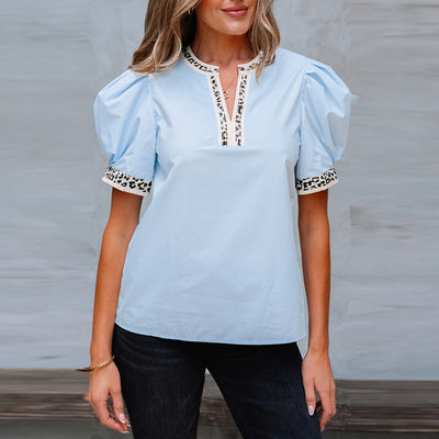 Blusa de Gasa con Cuello V y Mangas Abullonadas