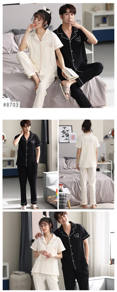 Matching red cotton couple pajamas with short sleeves, long pants, gold piping, and "Love you Dnaw" embroidery. - Image 19
