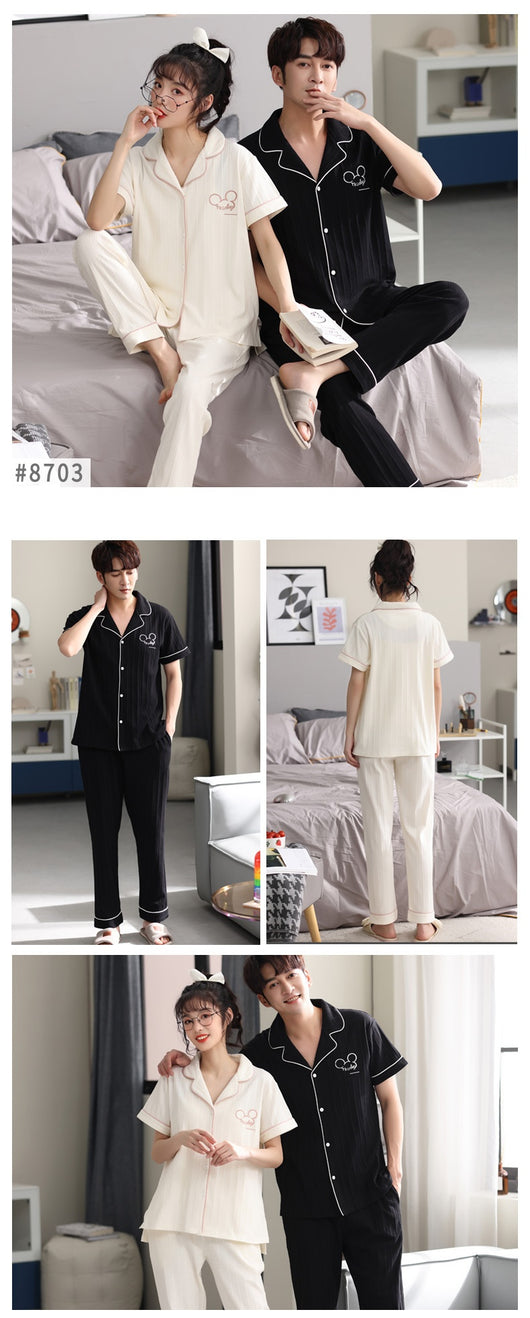 Matching red cotton couple pajamas with short sleeves, long pants, gold piping, and "Love you Dnaw" embroidery. - Image 19