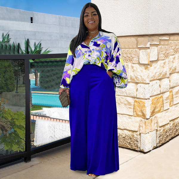 Conjunto de Dos Piezas para Mujer - Blusa Estampada Suelta y Pantalón Ancho Casual