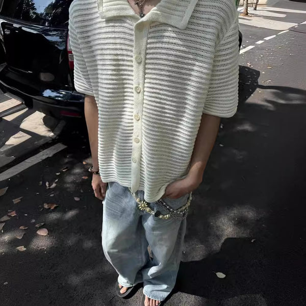 Blusa Tejida Vintage Manga Corta con Detalles Calados y Lazada