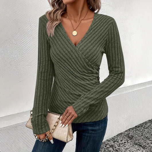Blusa Clásica de Cuello V y Manga Larga en Colores Sólidos para Mujer - Image 4