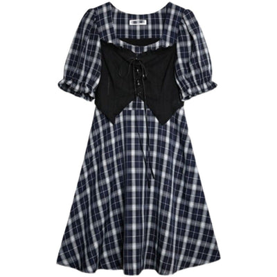 Vestido Cuadros Falsa Dos Piezas con Mangas Globo - Image 10