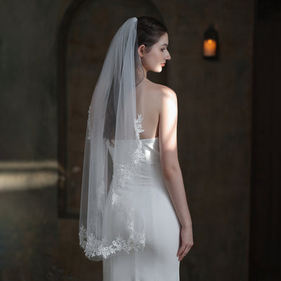 Velo de Novia Elegante Encaje Blanco Monocapa Europeo - Image 3