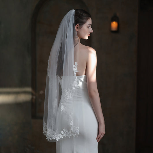 Velo de Novia Elegante Encaje Blanco Monocapa Europeo - Image 3