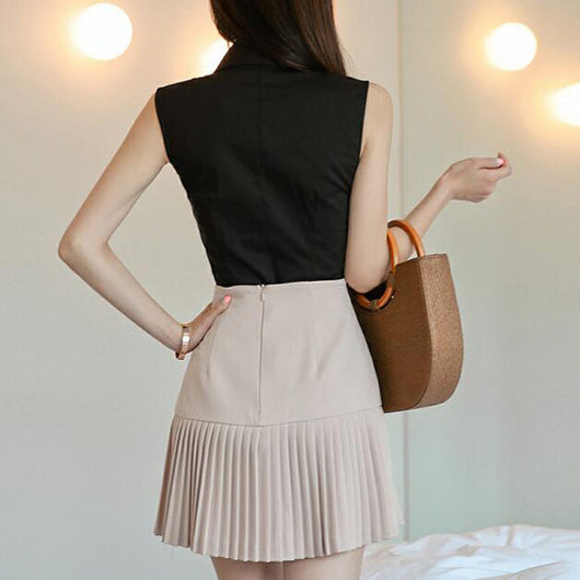 Conjunto Dos Piezas: Blusa Escote V sin Mangas + Falda Plisada Cintura Alta - Image 2