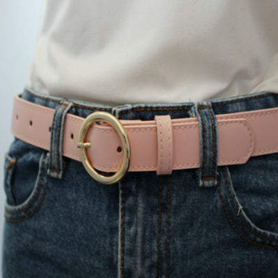 Khaki imitation leather belt with a shiny gold-colored round buckle and visible stitching details. - Image 7