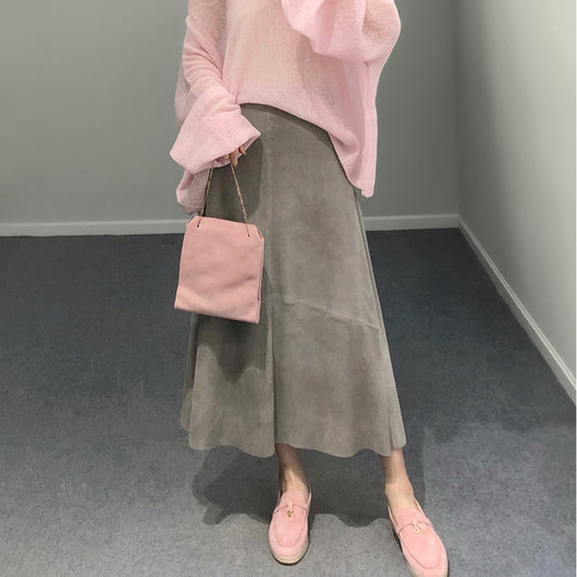 Falda Larga Minimalista de Gamuza de Oveja Cintura Alta Hasta la Rodilla - Image 3