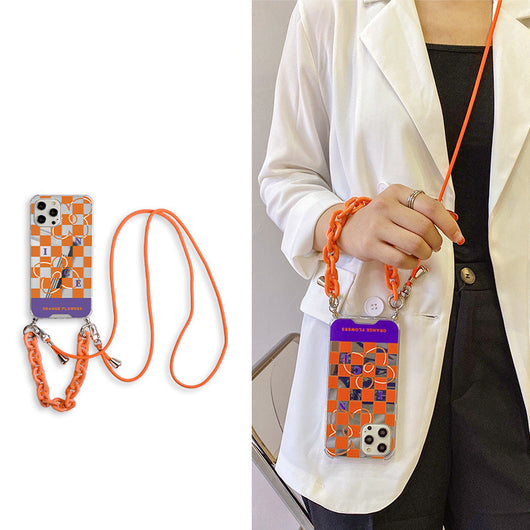 Funda Crossbody con Espejo y Diseño Ajedrez Contrastado para Celular