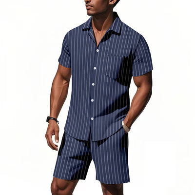 Conjunto de Dos Piezas: Camisa Jacquard a Rayas y Shorts para Playa - Image 8