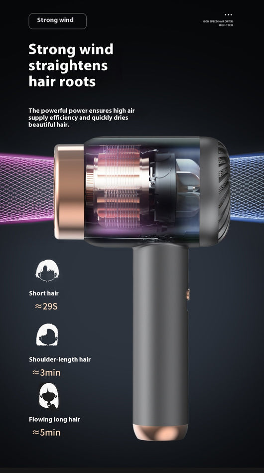 Purple high-speed wireless hair dryer with gold accents, featuring hot and cold air, shown on a reflective surface. - Image 11