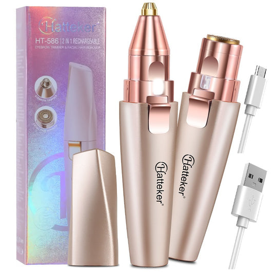 Two mint green and rose gold 2-in-1 electric eyebrow shaping devices with USB cables and packaging. - Image 7