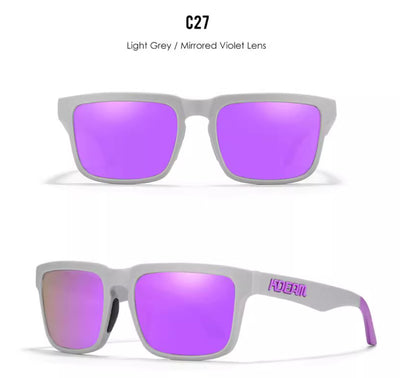 Men's and women's dazzling blue and black striped polarized sunglasses with gray lenses and a black case. - Image 27
