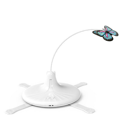 Rechargeable automatic rotating cat toy with a white base, teal paw-shaped feet, and a pink and black butterfly. - Image 3