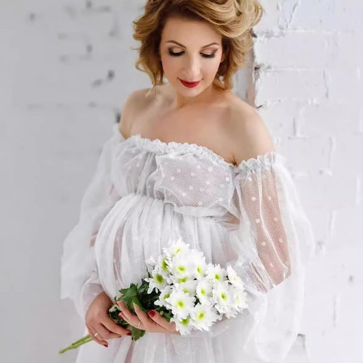 Vestido Premamá Hombros Descubiertos con Mangas Abullonadas y Estampado de Puntos - Image 3