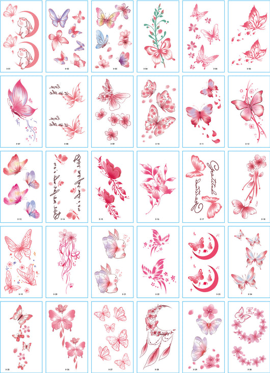 Set of 30 temporary tattoo stickers featuring pink and purple butterflies, flowers, bunnies, and moon designs. - Image 33