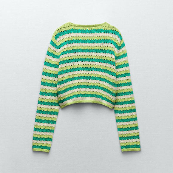 Cardigan Tejido Hueco con Rayas para Mujer - Manga Larga