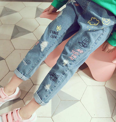 Pantalones Vaqueros Infantiles con Bordado de Gato Lavado Vintage - Image 14