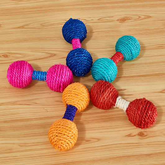Five colorful sisal dumbbell-shaped cat toys in blue, pink, teal, orange, and red on a light wood surface. - Image 5