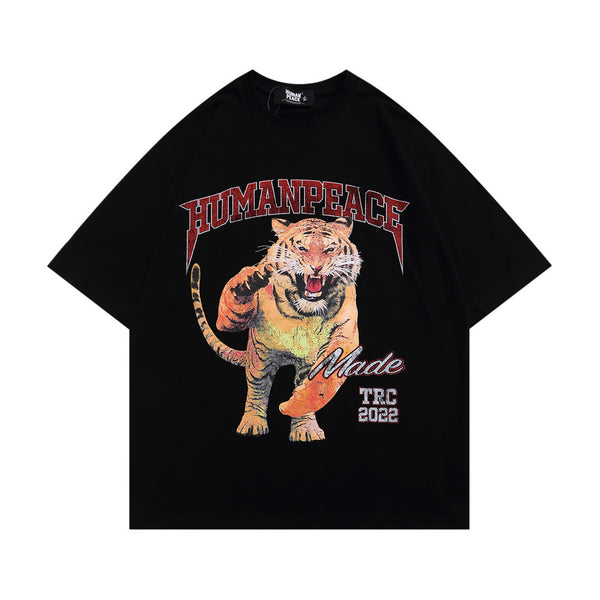 Camiseta Hombre Estampado Tigre Cuello Redondo Manga Corta Suelta