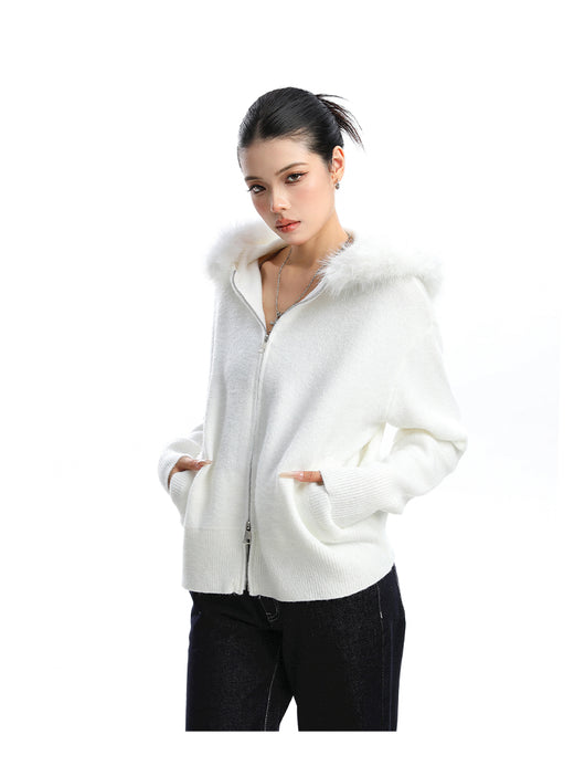 Abrigo Cardigan con Capucha y Cuello de Pelaje Beige para Mujer - Image 13