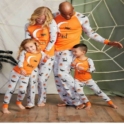 Matching family Halloween pajamas with orange and grey long-sleeve shirts and pants, featuring ghosts, pumpkins, and bats. - Image 12