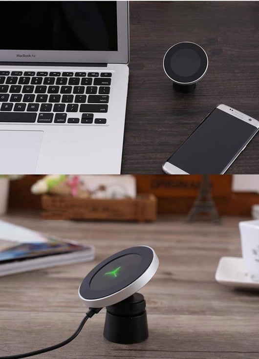 Silver and black car magnetic wireless charger with a blue indicator light, mounted on a car's air vent. - Image 14