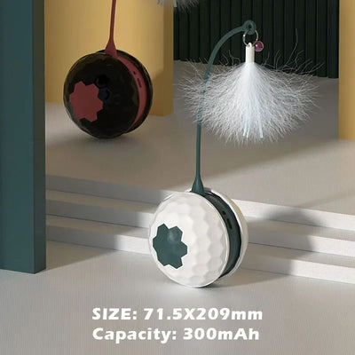 White and dark green cat teaser toy with a golf ball textured base and a flexible arm topped with white feathers. - Image 10