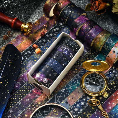 Set of six 1.5cm wide decorative tapes featuring starry sky, zodiac signs, moon phases, constellations, and planets. - Image 4