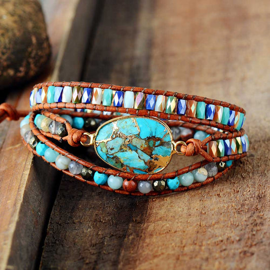 Pulsera Étnica de Turquesa Natural Trenzada a Mano con Cristales