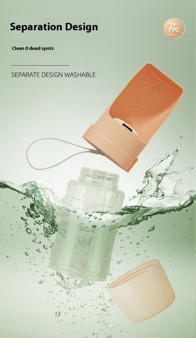 White 2-in-1 travel dog water bottle and food dispenser with a clear compartment and gray lanyard for pets. - Image 23