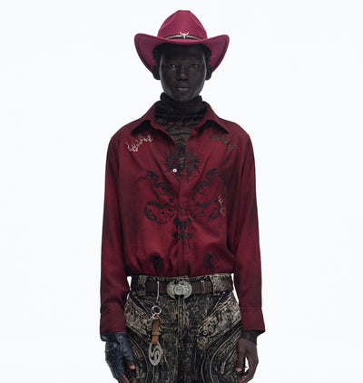 Camisa de Terciopelo Satinado Rojo Vino con Patrón Totem - Image 6
