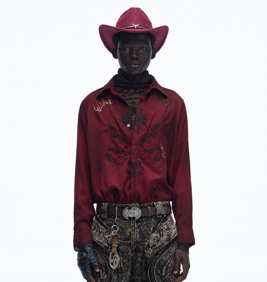 Camisa de Terciopelo Satinado Rojo Vino con Patrón Totem - Image 6