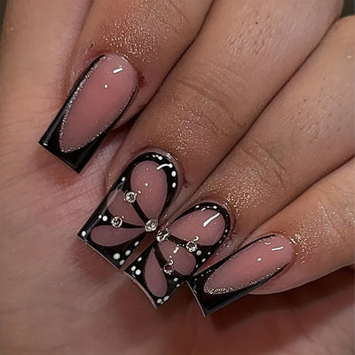 Set de 24 Uñas Postizas con Diseños de Mariposas, Flores y Estampado Vaca con Cristales - Image 5