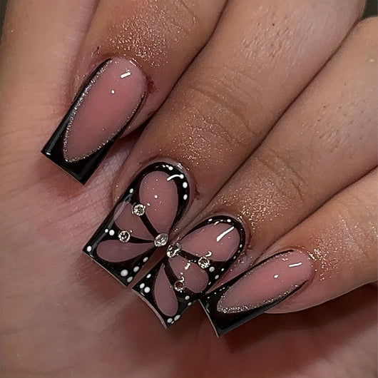Set de 24 Uñas Postizas con Diseños de Mariposas, Flores y Estampado Vaca con Cristales - Image 5