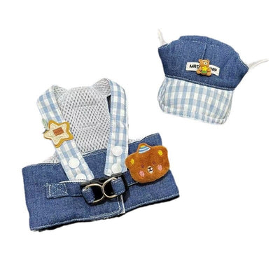 Denim and blue gingham pet harness with mesh back and a matching hat, both featuring cute bear and star patches. - Image 15