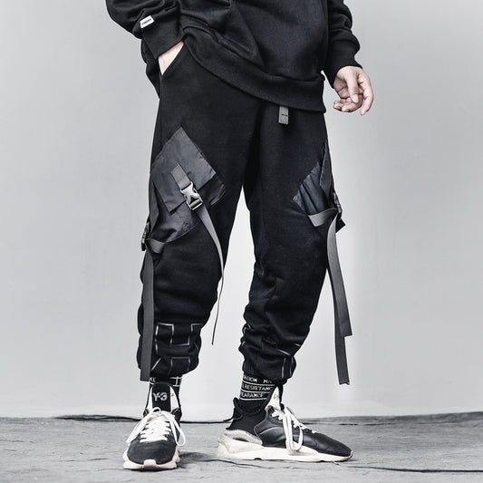 Pantalones Overol Hip-hop Sueltos Negro con Bolsillos