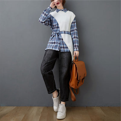 Conjunto de Dos Piezas: Camisa a Cuadros con Suéter Irregular - Image 7