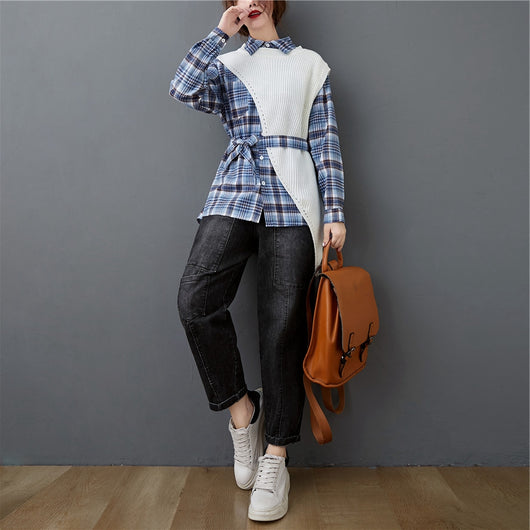Conjunto de Dos Piezas: Camisa a Cuadros con Suéter Irregular - Image 7