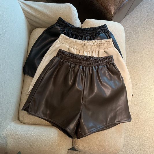 Shorts de Cuero Sintético Mujer Cintura Alta Suelta con Abertura