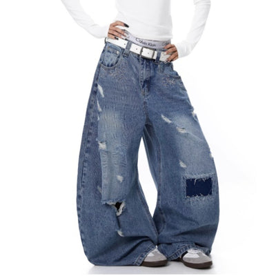 Jeans Curvy Desgastados con Parches Lavado Vintage