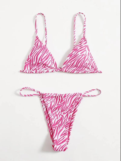 Pink and orange zebra print two-piece bikini with triangle top and high-cut tie-side thong bottom. - Image 10