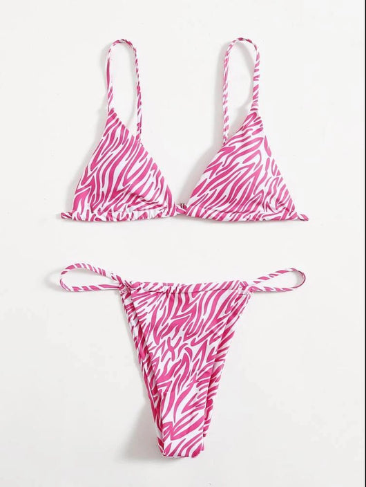 Pink and orange zebra print two-piece bikini with triangle top and high-cut tie-side thong bottom. - Image 10