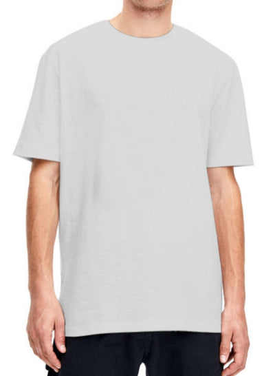 Plain light beige short-sleeved crew neck t-shirt made of cotton, shown on a model. - Image 4