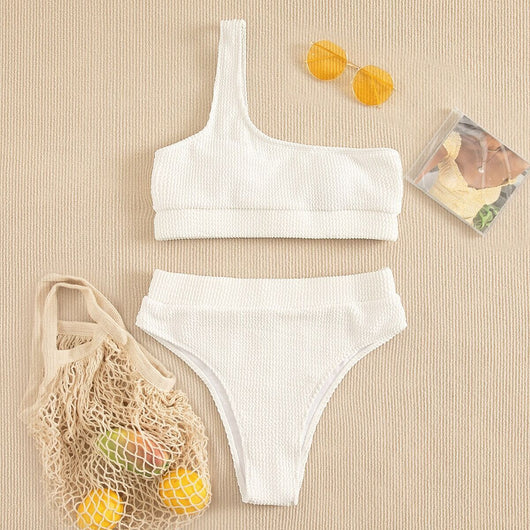 Bikini Asimétrico de Color Sólido - Diseño Elegante de un Hombro - Image 3